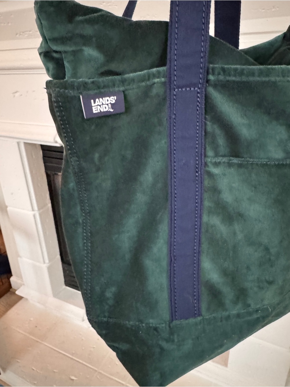 Lands' End Deep Balsam Velvet Medium Zippered Tote Bag with Navy Straps